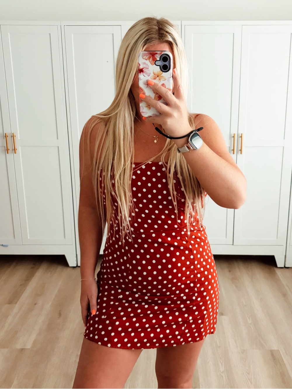 Red/Orange and white polka dot mini dress